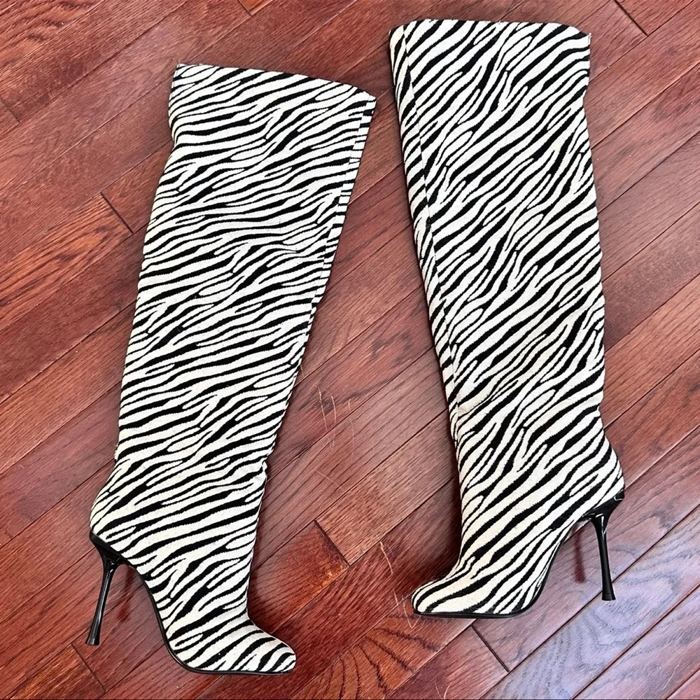 Steve Madden Alluring Zebra Black White Over the Knee Square Toe Heeled Boots